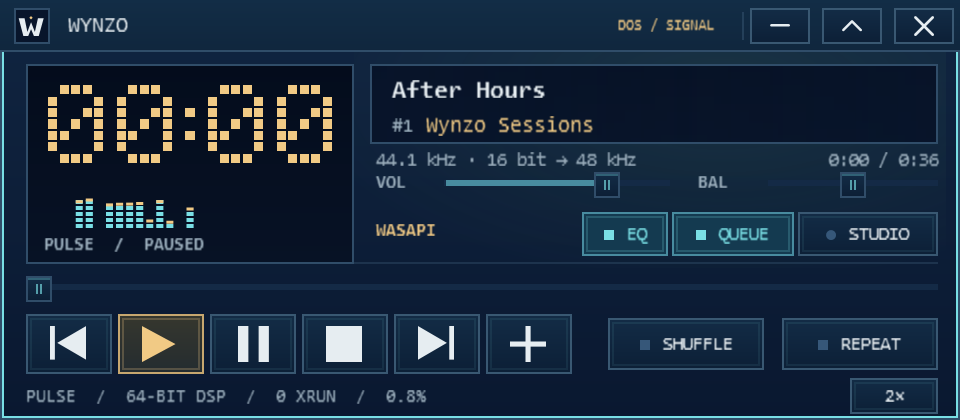 Wynzo DOS / SIGNAL native player with amber pixel clock, cyan spectrum and blue ANSI frame
