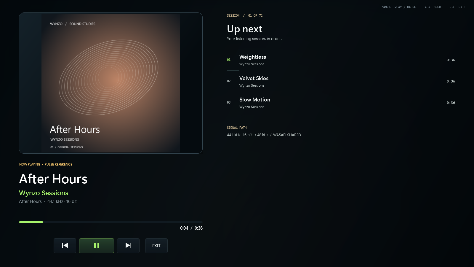 Actual Wynzo Living Room view with album artwork, playback controls, up-next tracks and signal path