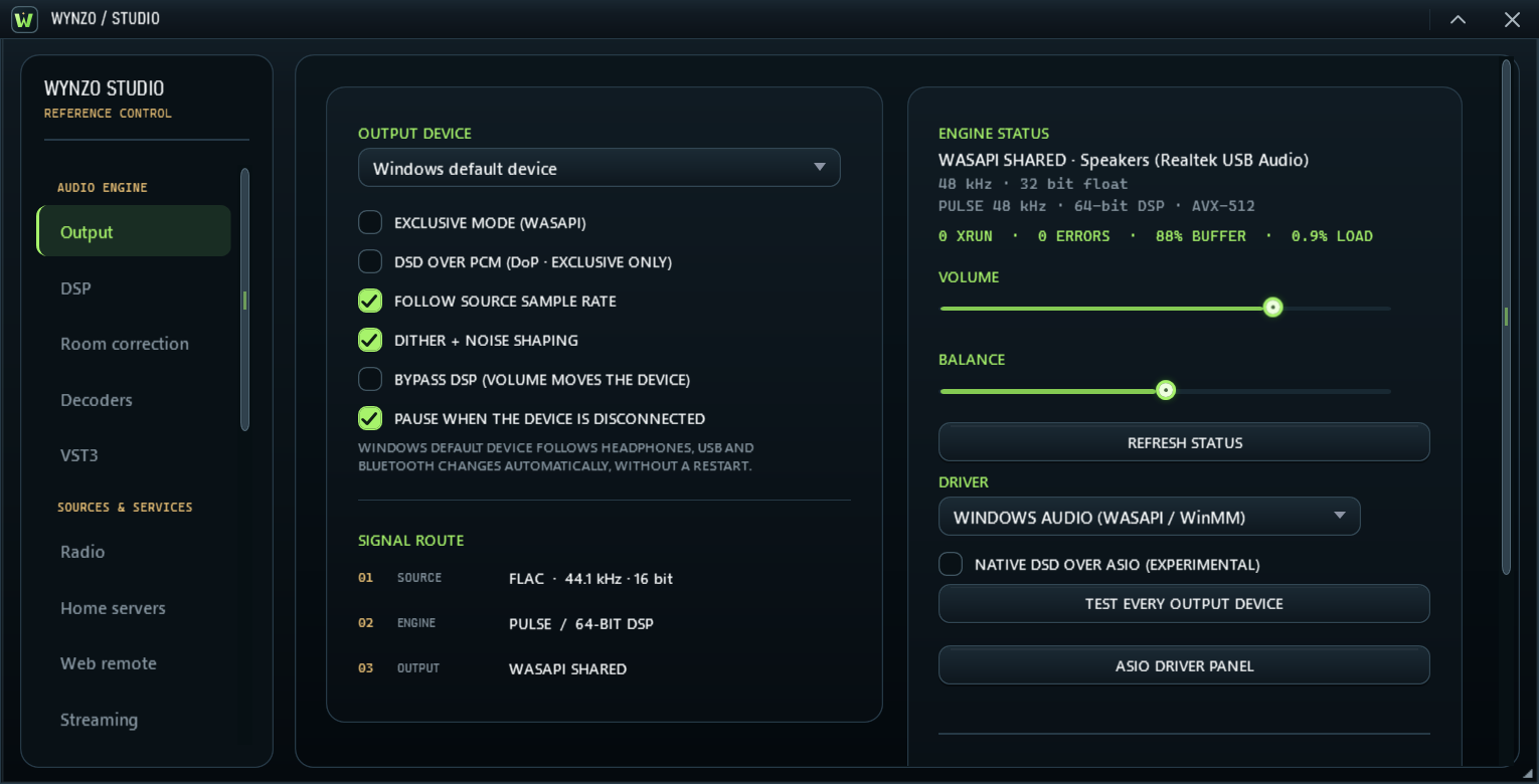Wynzo Studio output page showing the signal route and device controls